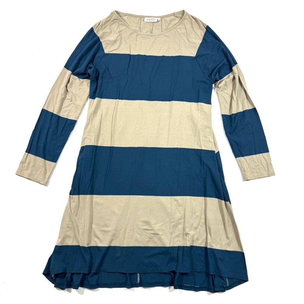 Masai Long Sleeve Shift Dress Blue Beige Stripe Pockets Basic